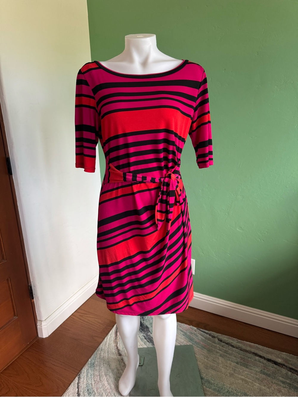 MSK Women’s Pink & Black Striped Tie-Waist Dress Sz M/L